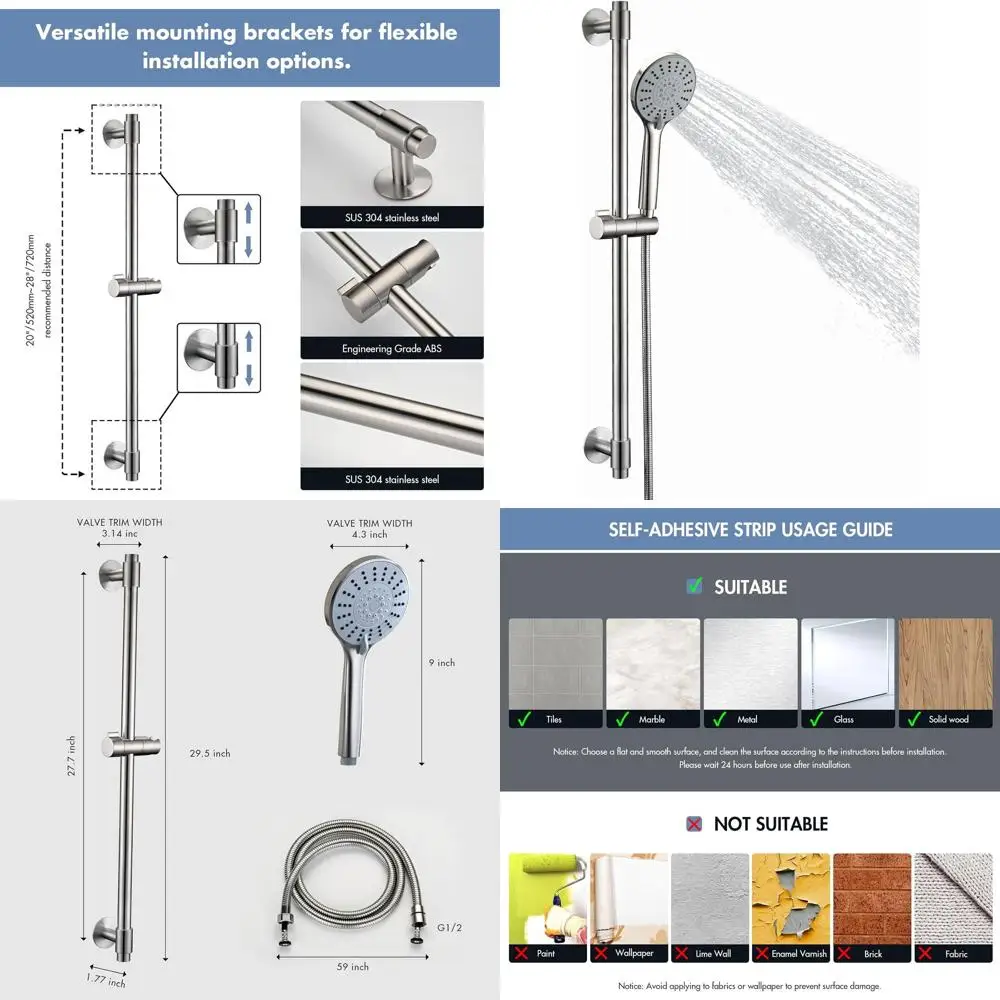 5-Function Stainless Steel Shower Slide Bar with Handheld, No-Drill Mount, Extra Hose in Brushed Nickel