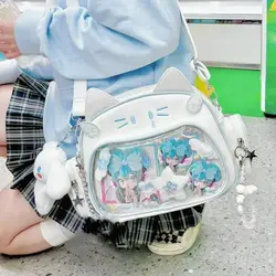 JIAERDI-Bolso Kawaii Cat Ita para mujer, mochila Lolita Y2K para mujer, bolso de hombro de PU lindo, bolso cruzado Harajuku con bolsillo transparente para niña