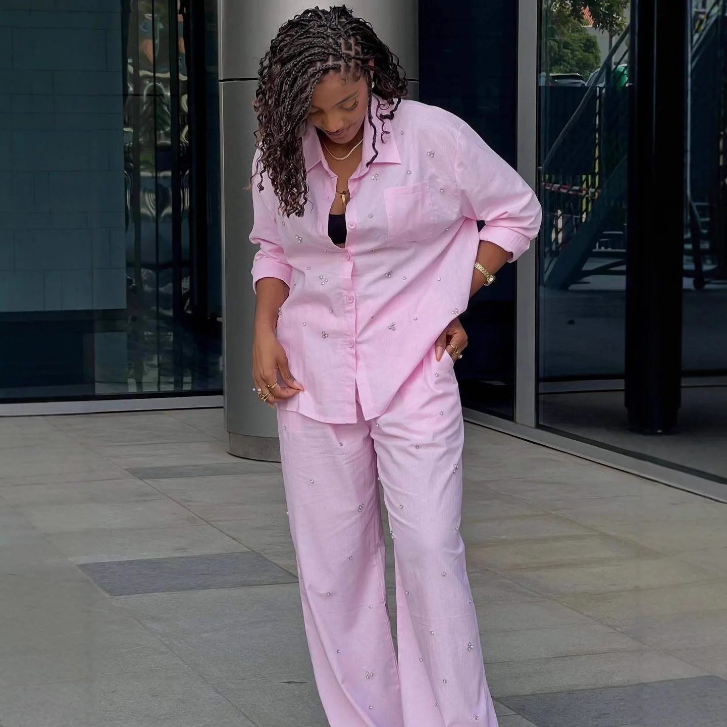 

Women Pant Set Two Piece Sets Turn Down Collar Full Sleeve Shirt Tops Wide Leg Long Pants High Waist Y2k Streetwear Spring 2026