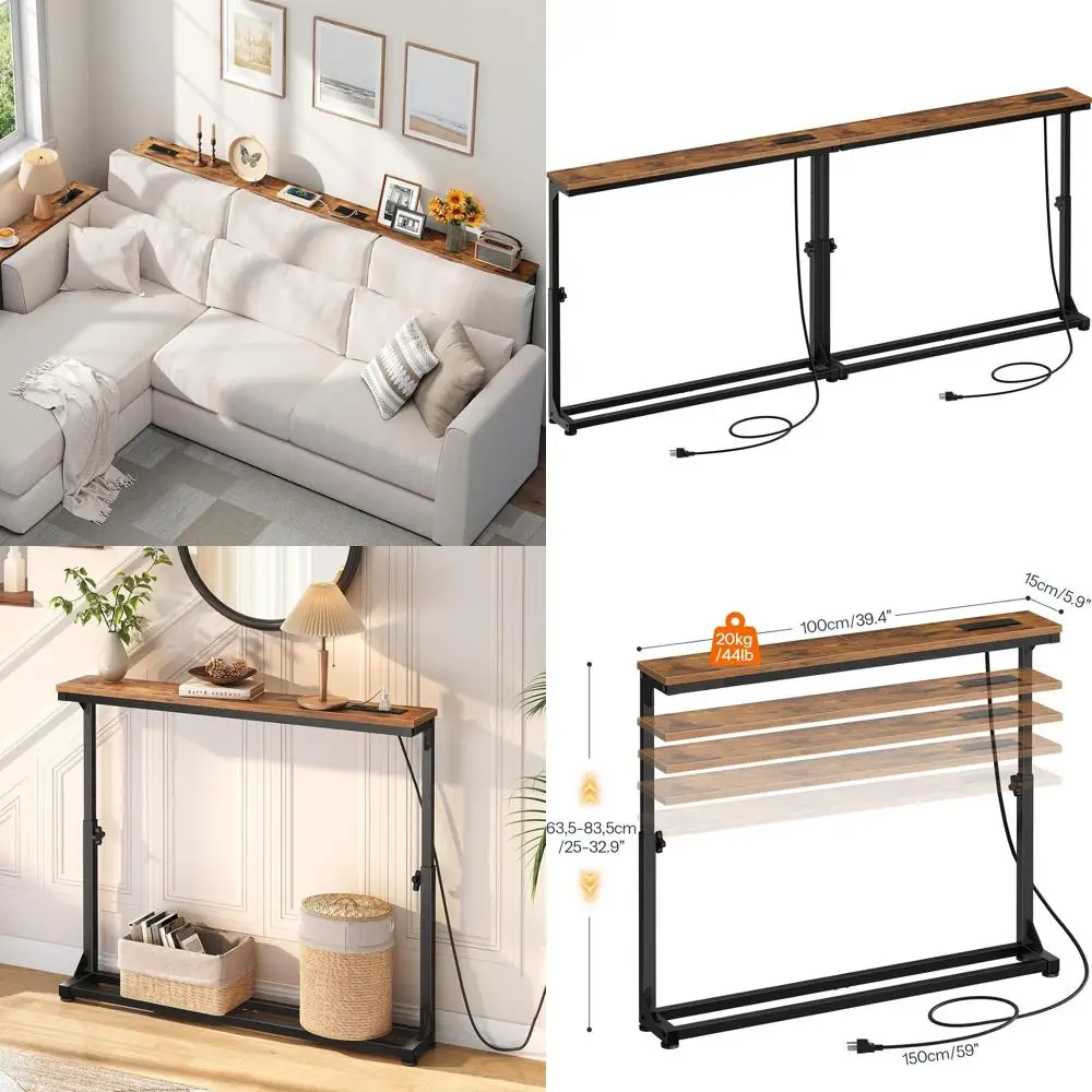 

Adjustable Height Console Table Set for 2, Charging Station Sofa Table, 39.4W x 5.9D, Rustic Brown for Living Spaces and Entrywa