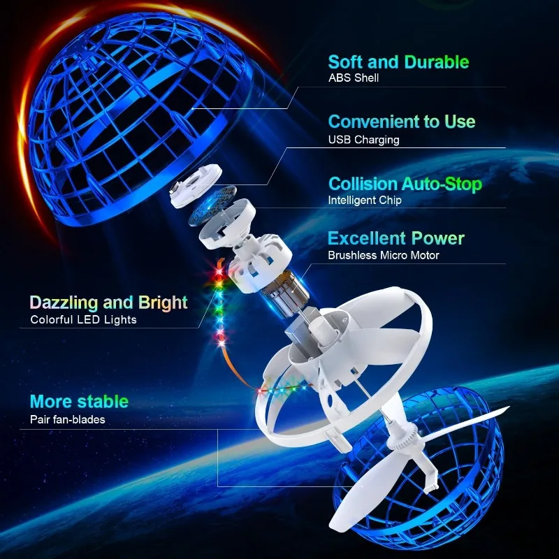 كرة Orb الطائرة مع أضواء مبهرة، دوارة تحوم سحرية، طائرة بدون طيار رائعة، كرة كونية عائمة، لعبة خارجية للأطفال