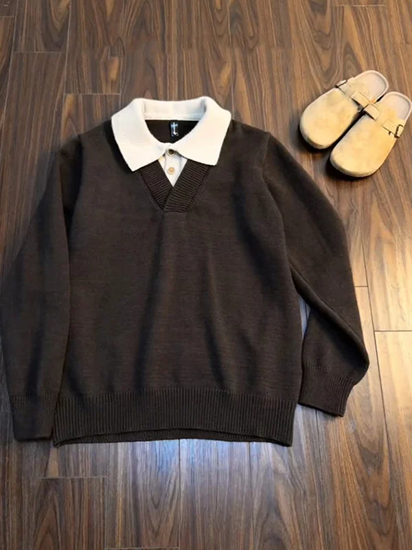 

Soft Cozy Knitwear Men's Sle Korean Aosphere Lazy Sle Sweater Fake Two-Piece Long Sve Flip Collar Warm Casual Wear