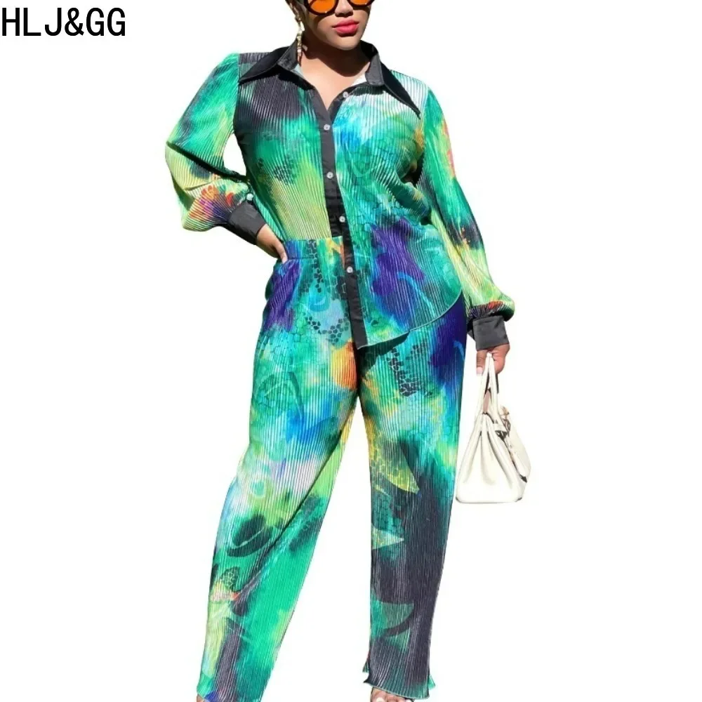 HLJ&GG Fashion Tie Dye Print Wide Leg Pants 2 Piece Sets Outfits Women Turndown Collar Button Long Sleeve Shirt And Pants Suits