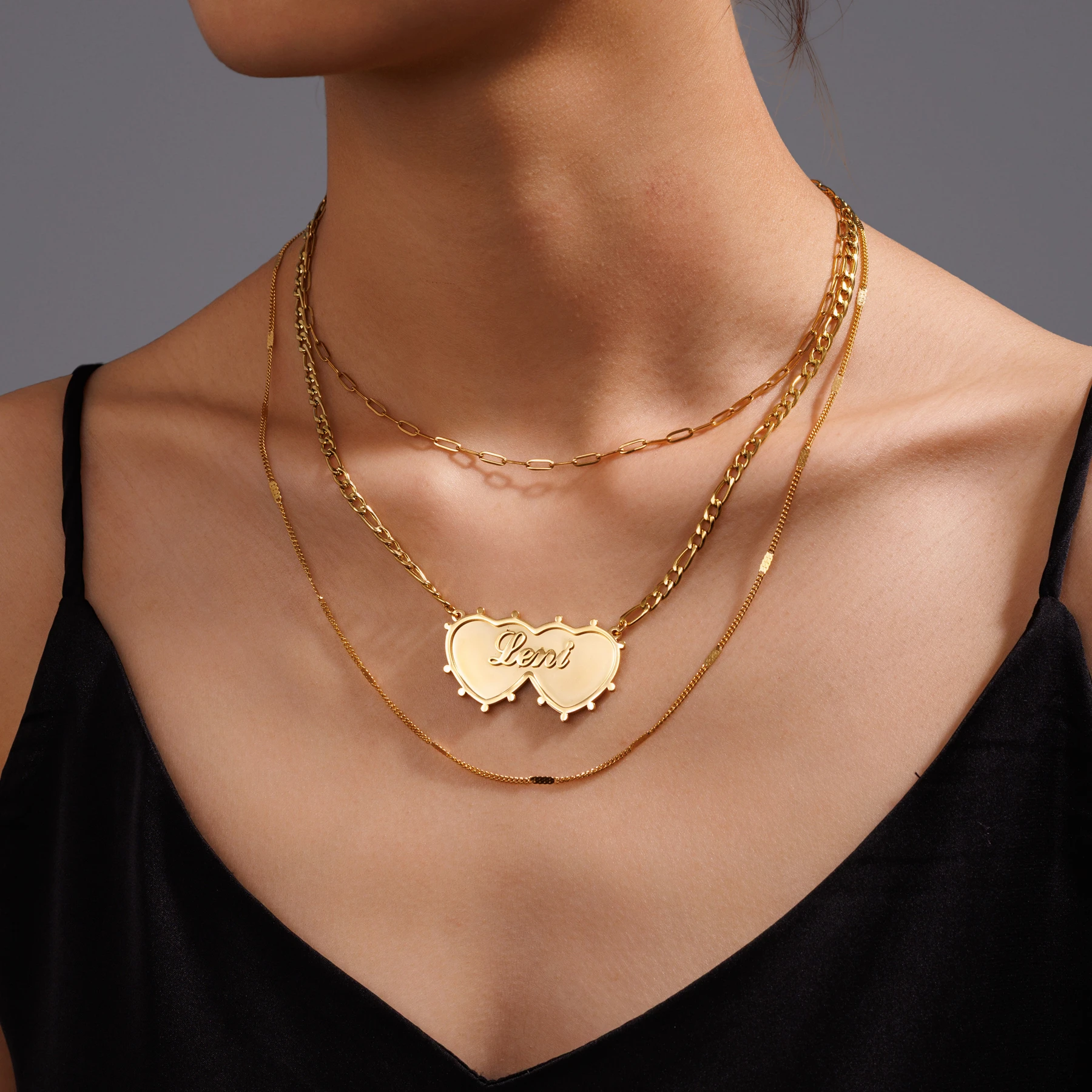 

3 PCS/Set Customized Name Heart Necklace Stainless Steel Personalized Paperclip Chain Stacking Necklace Christmas Jewelry Gift