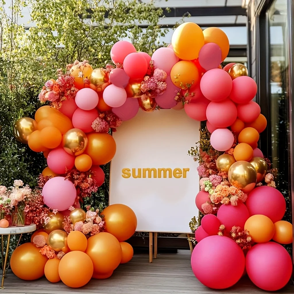 126pcs Hot Pink Orange Balloon Garland, Dark Pink Orange Golden Balloons Arch Kit For Shower Birthday Fiesta Tropical Luau Summer Party Decorations view 3