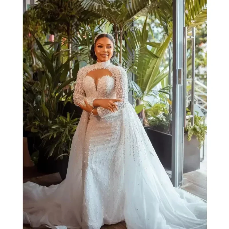 فساتين زفاف حورية البحر مخصصة مقاس كبير ذيل قابل للانفصال كم طويل لؤلؤ فاخر دانتيل مطرز فستان زفاف أفريقي Aso Ebi