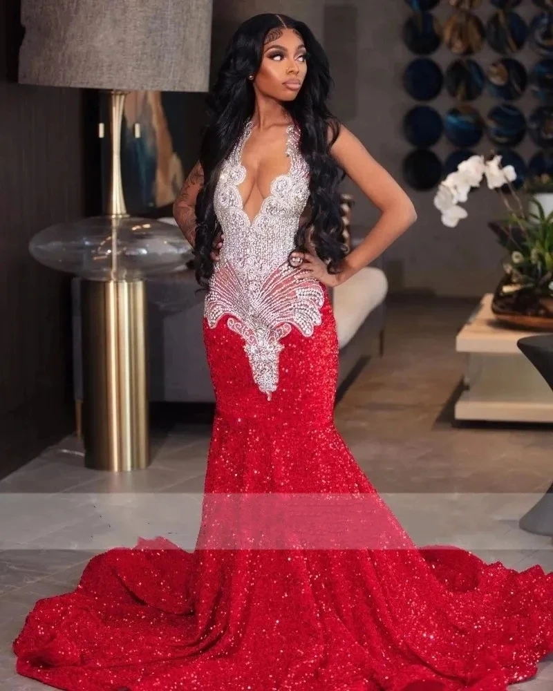 

Customized 2025 Gorgeous Red Mermaid Prom Dresses Luxury Sheer Neck Crystal Sequins Birthday Party Gowns Graduation Robe De Bal