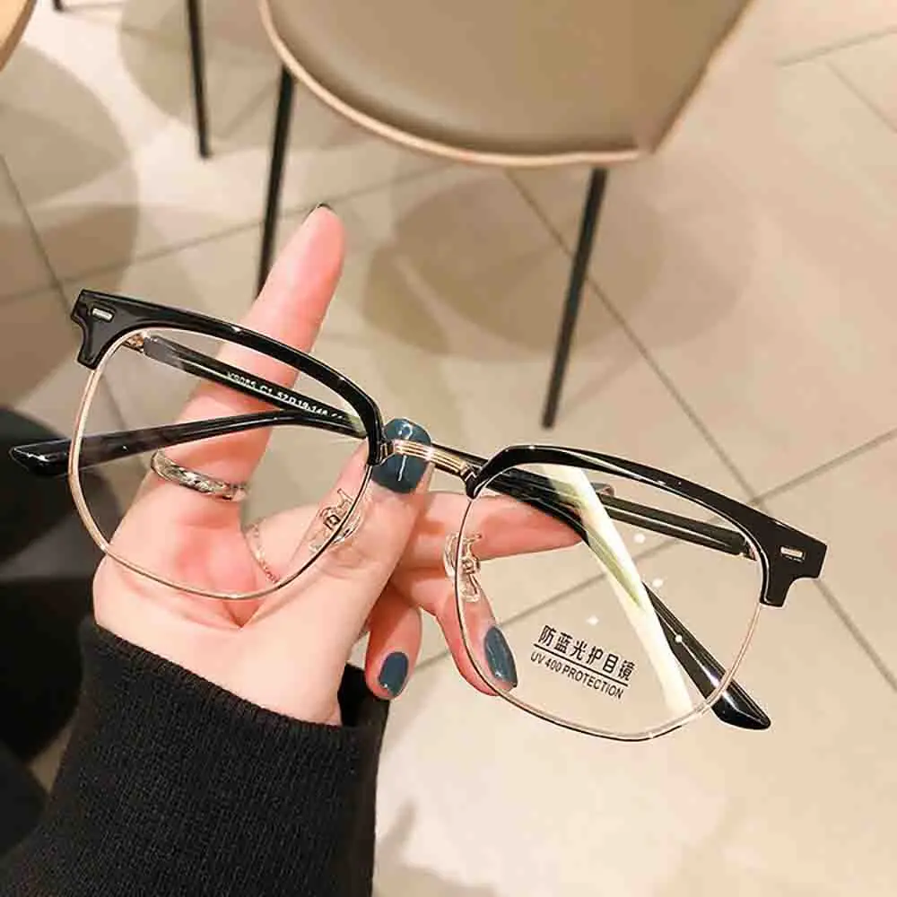 Metal Round Face Near Sight Glasses Women Men Anti Blue Light Glasses Fashion Trend Square Half Frame Plain Eyeglasses