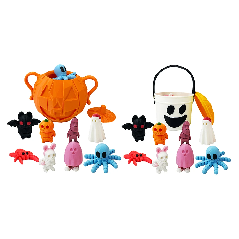 8pcs 3D Printed Mini Animals Set with Container Halloween Toys Pumpkin Bat Spider Skeleton Man Statue for Halloween Decorations