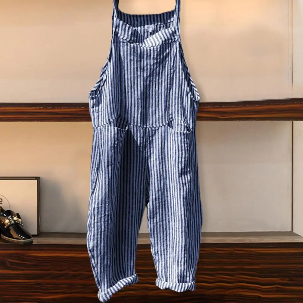 Summer Plaid Romper Striped Overall for Women Casual Sleeveless Jumpsuit Loose Long Suspender Overall Trousers Pockets Bib Pants