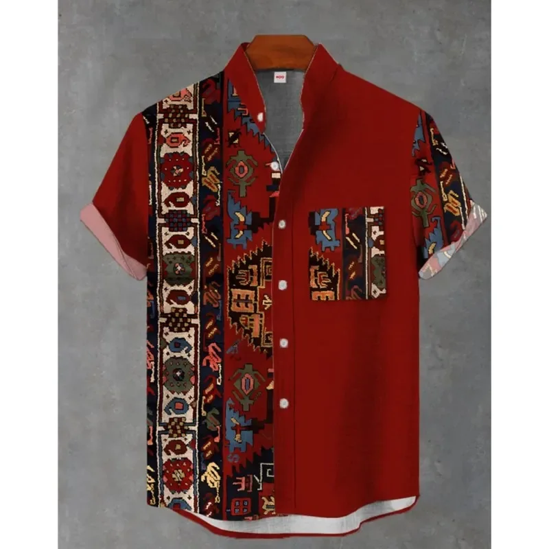 Men's Simple Retro Ethnic Personality Pattern 3D Printed Shirt Short-sleeved Lapel Light and Breathable Business Casual Party