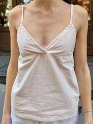 Y2k Lace Trim Linen Sweet Crop Top Woman Summer Sleeveless V-neck Back Lace-up Solid Vest Gingham Tank Tops Casual Camisole