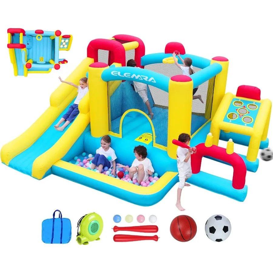 Maison gonflable de rebond, maison gonflable 7 en 1 avec souffleur, maison de rebond pour enfants avec toboggan, zone de saut, zone de baseball/football, panier