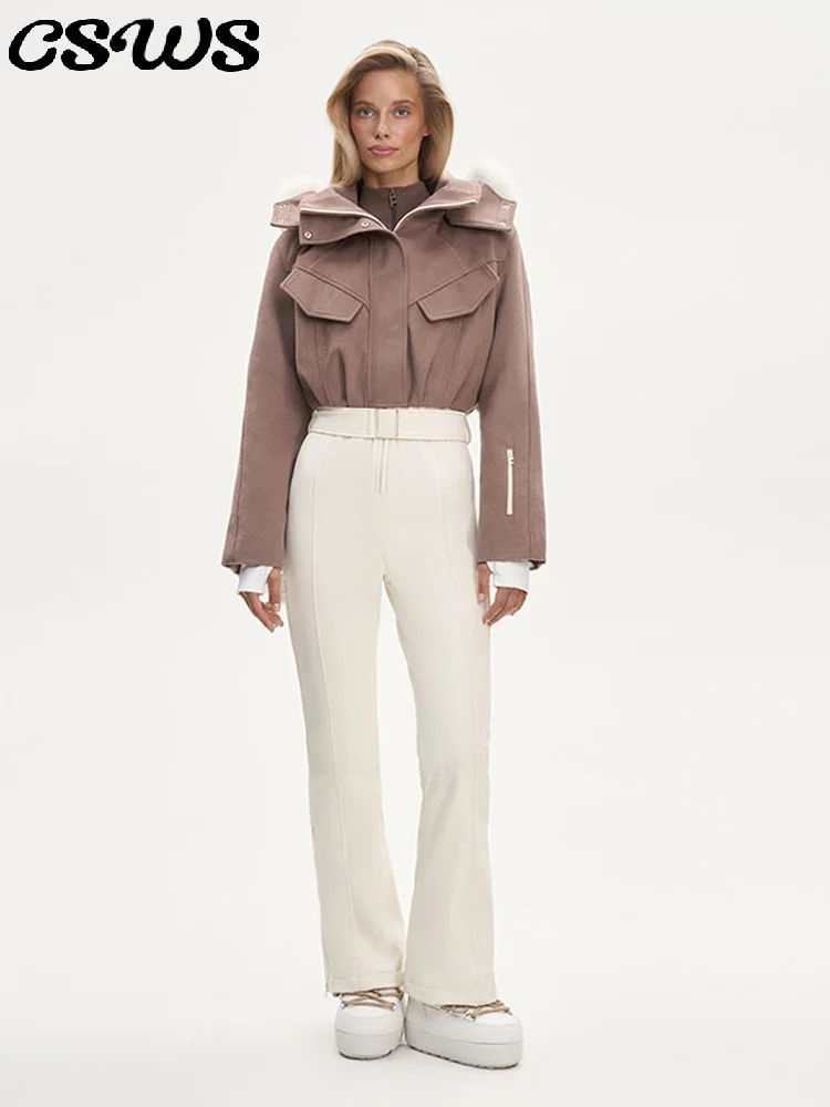 

Elegant Woolen Patchwork Ski Jumpsuit Women Slim Full Sleeve Hooded Stand Collar Zipper High Waist Romper Fashion Warm Rompers