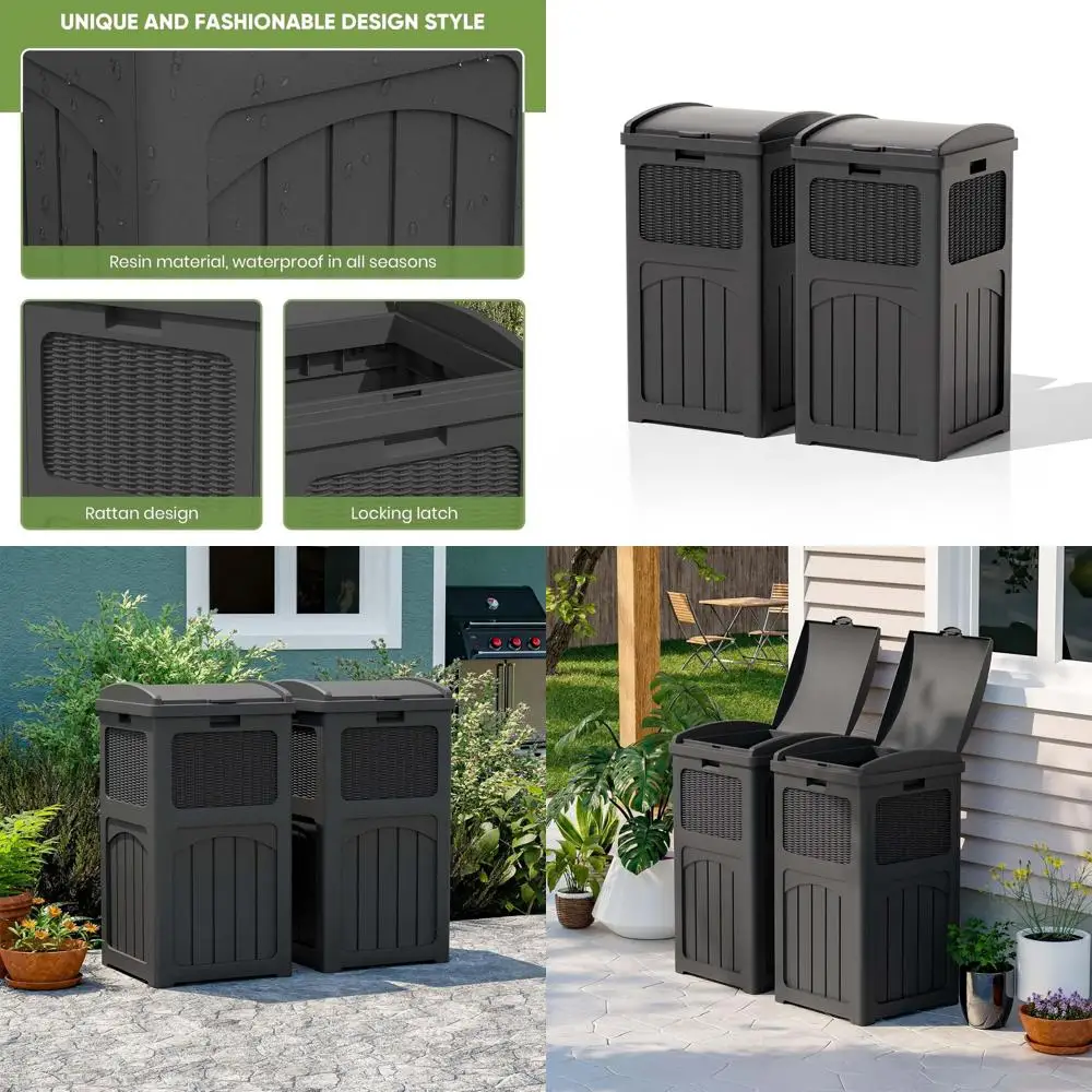 

Set of 2 Black 36 Gallon Resin Outdoor Trash Cans with Lids for Patio and Backyard Use