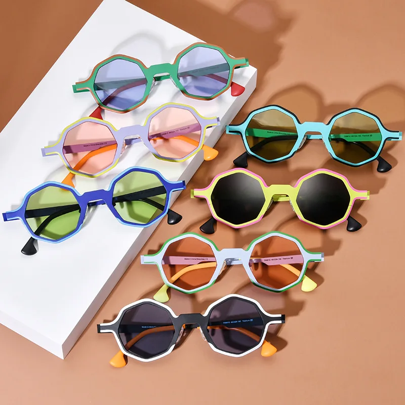 Multicolor pure titanium personality colored glasses Retro sunglasses polarized UV400 polygon fashion literary driving glasses