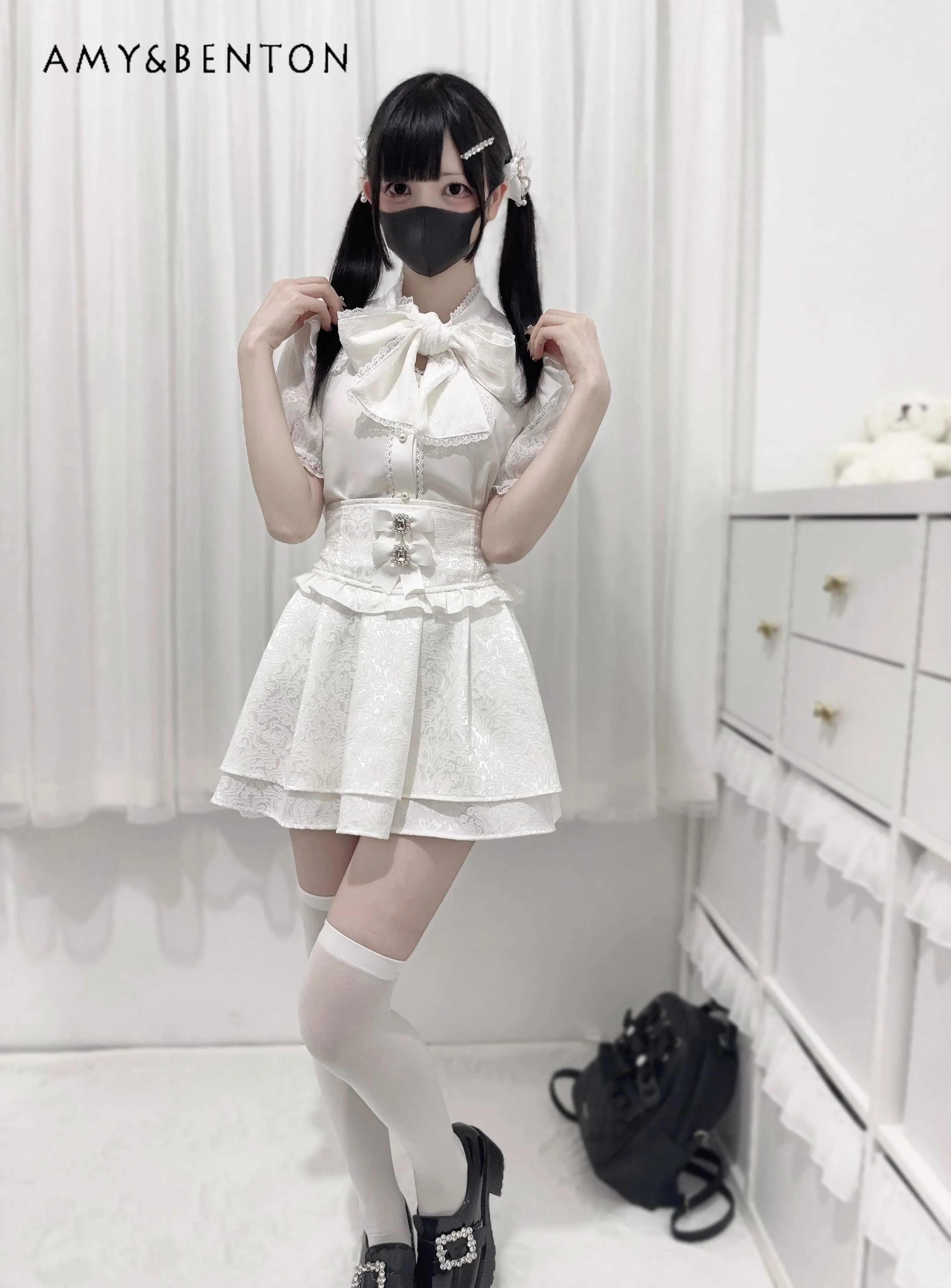 Japanese Mine Kawaii Lolita Skirt Sets Sweet Lace-up Short Sleeve Shirt High Waist Rhinestone Bow Mini Skirt Two Piece Set Women