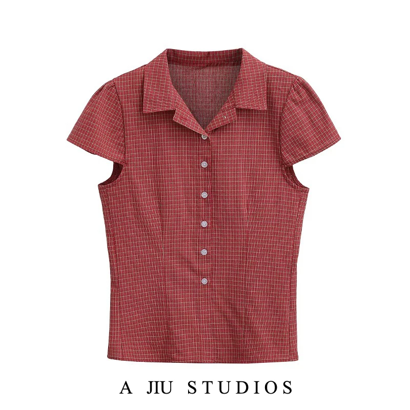 

American Sle Red Plaid Turn-down Collar Single Button ort Sve irt Women Summer Retro Slimming Base Layer Top