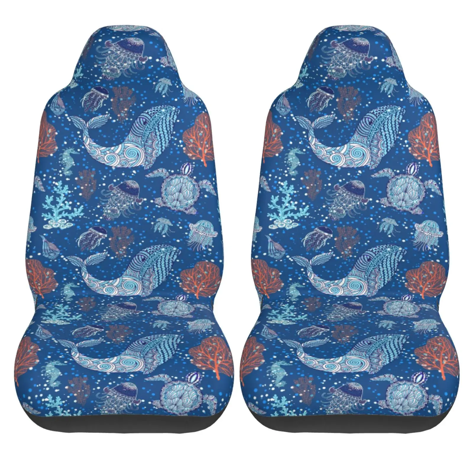 Whale Jellyfish Turtle Print 2 Pieces Covers Front Car Seat Universal Protector Cushion Cover Saddle Comfort Covers Fit Most Car