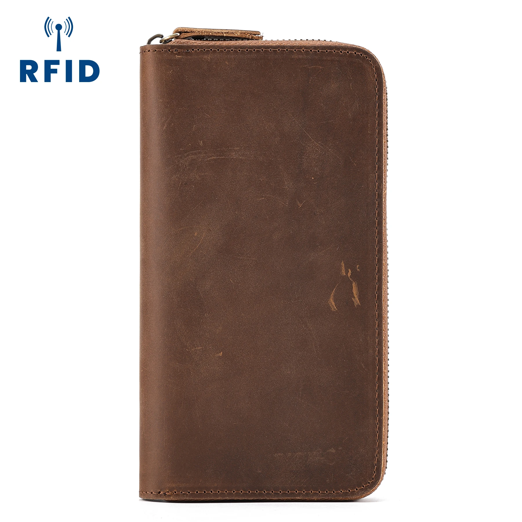 

Genuine Leather Long Wallets for Men Rfid Blocking Cash Credit Card Holder Checkbook Wallet Zipper Coin Pocket Purse Male