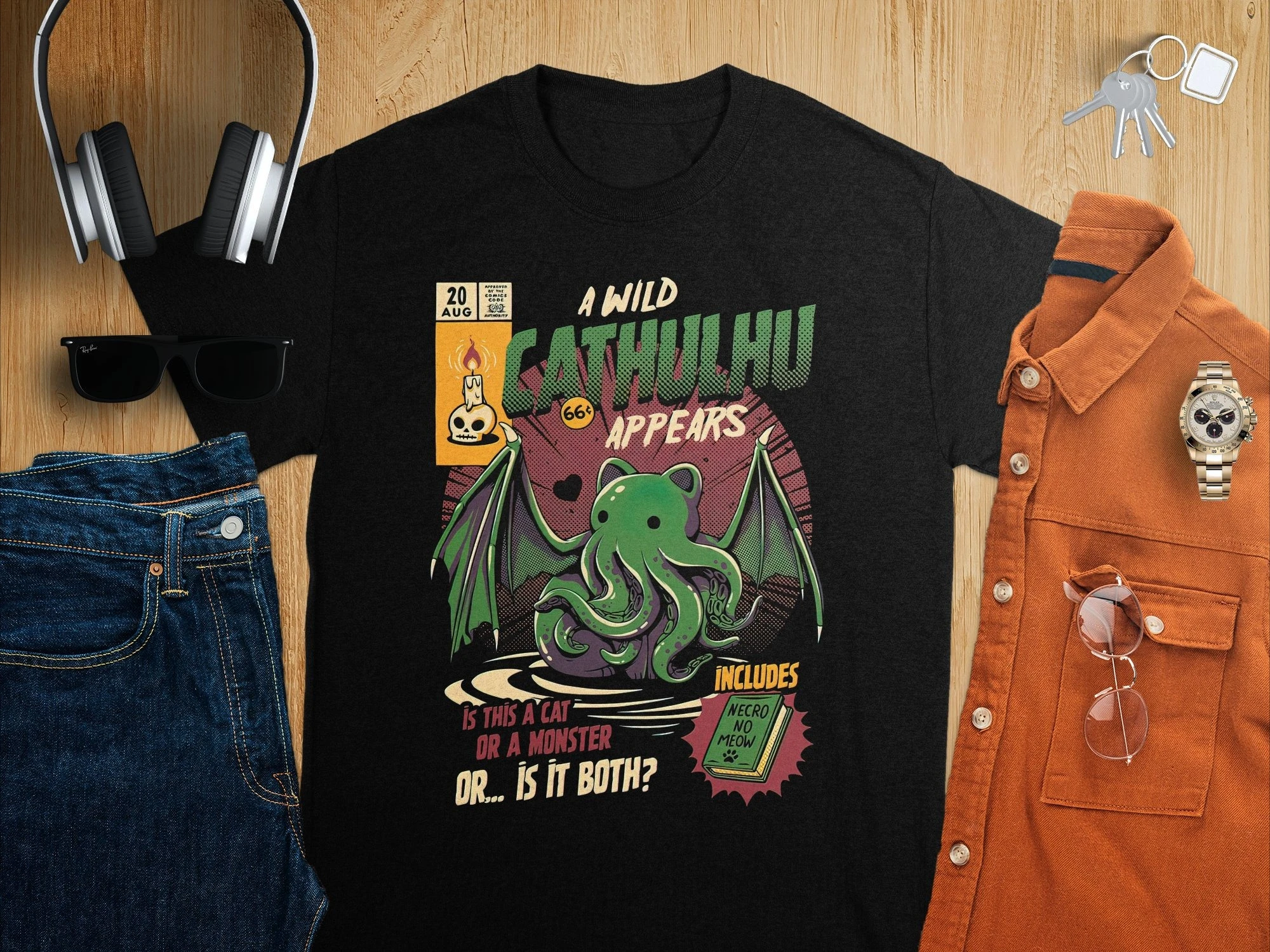 Cathulhu T-shirt A Wild Cathulhu Appears A Cat Or Monster Funny Cat Cthulhu Unisex tshirt Lovecraft Teeshirt, Cult Monster Tee