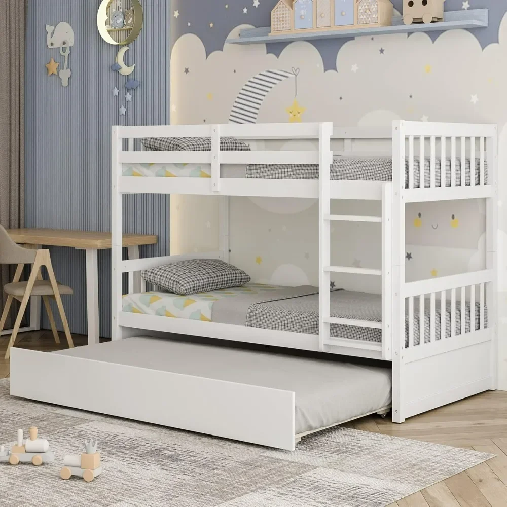 Bunk Beds Twin Over Twin Bunk Bed with Trundle, Convertible Platform Bed Frame with Ladder & Solid Wood Frame Bunk Beds