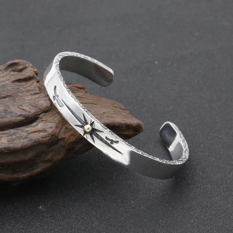 

S925 sterling silver ornament hipster vintage Thai silver men's and women's Japanese-style gold Ray simple opening bracelet