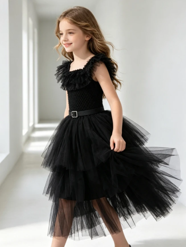 Black Dark Vintage Gothic Style Short Sleeve Long Tutu Dress Children Fashion Design Halloween Masquerade Party Role Play Skirt