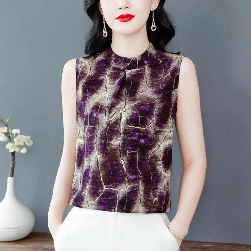 Elegant Fashion Silk Chiffon Shirt Women's Summer Blouse Sleeveless Printed Tank Tops