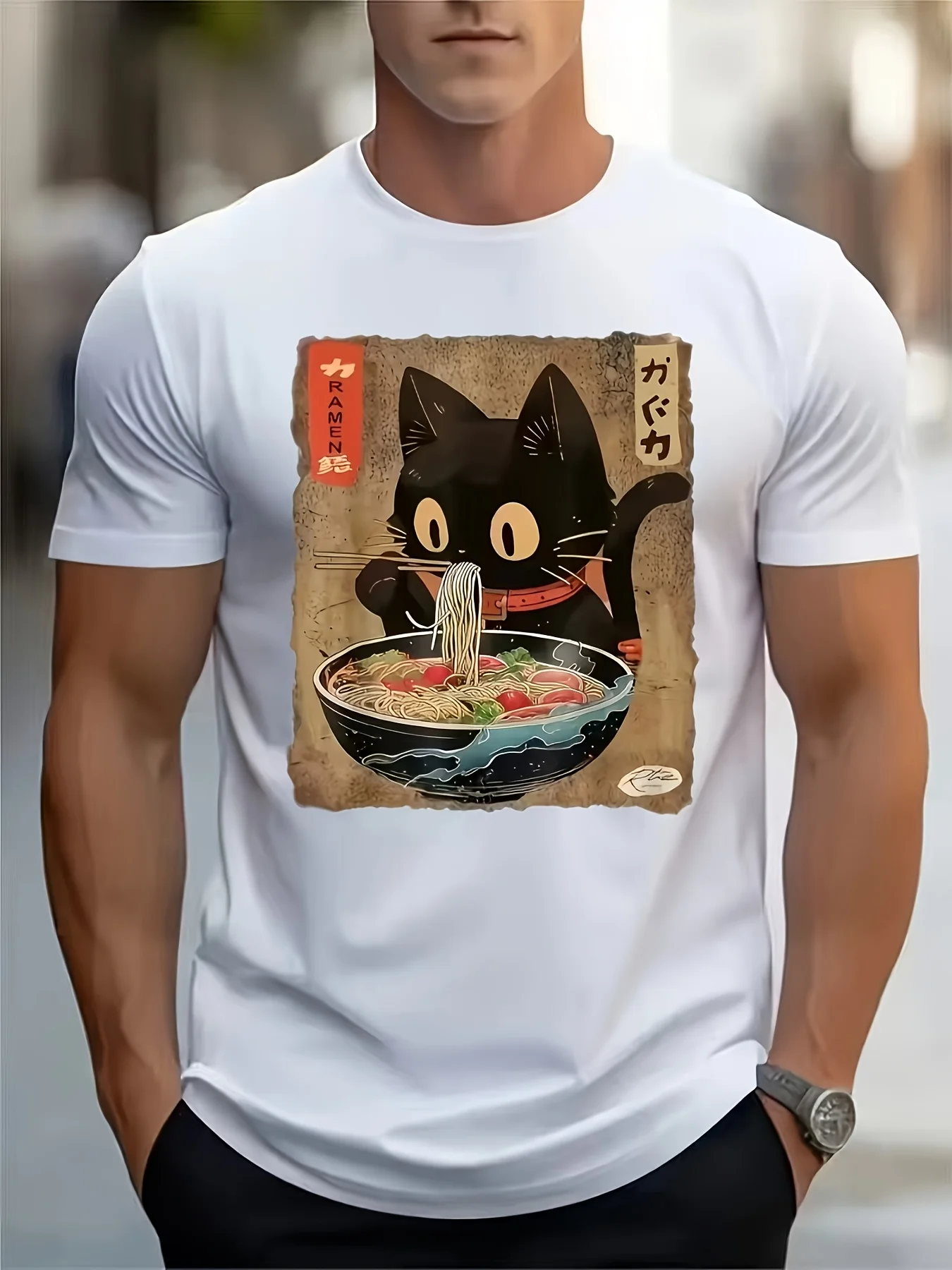 Anime Cat Ramen T-Shirt Cute Soft Comfortable Crew Neck Fashion Harajuku Kawaii T-shirt Men's Women's Y2K Clothing ﻿Unisex