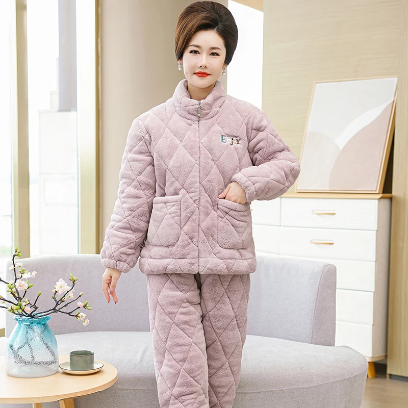 Winter Three-layer Cotton Pajamas Women Thick Pajamas Loose Size M-4XL Women Warm Flannel Home Clothing