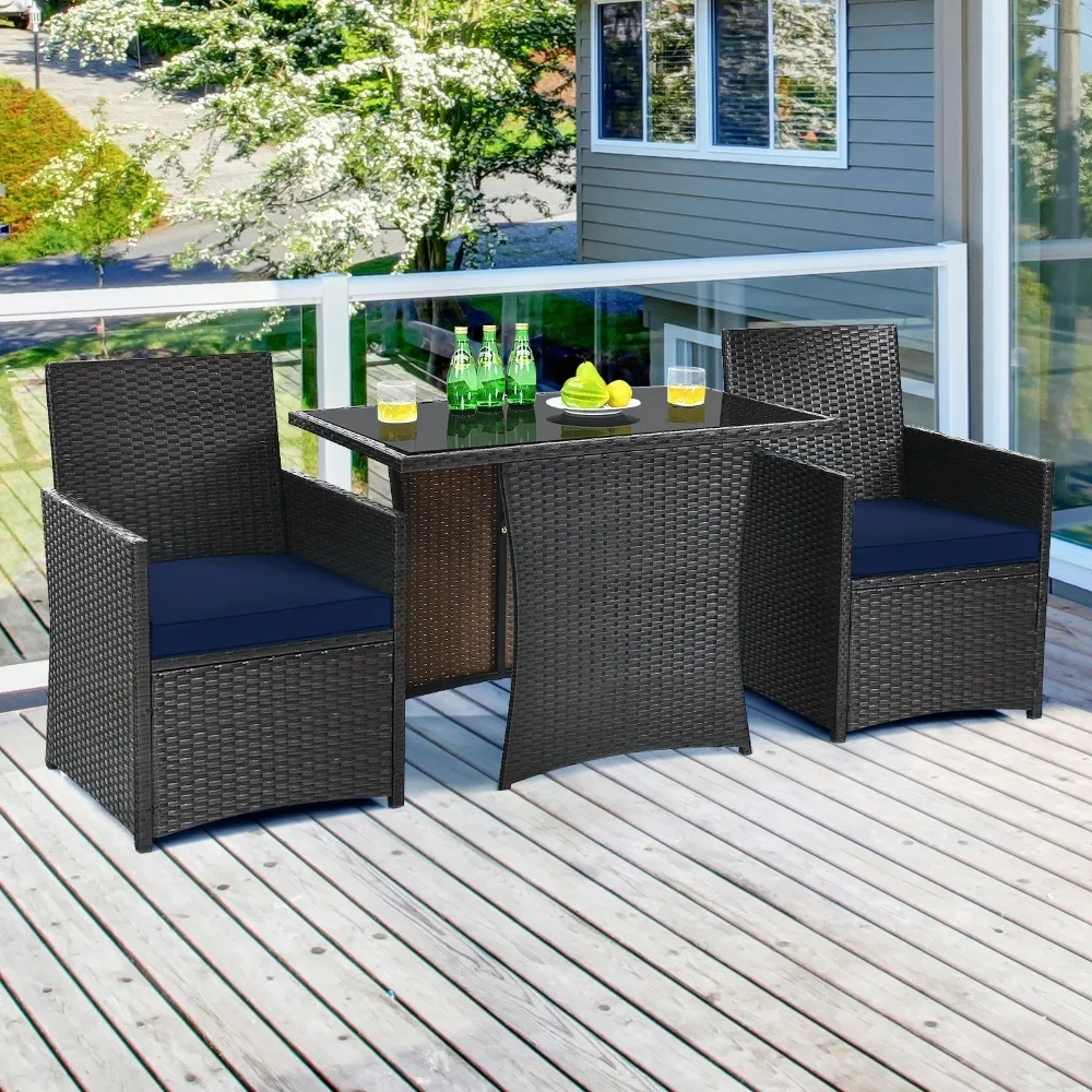 

Patio 3PCS Rattan Furniture Set Cushion Sofa Armrest Garden Deck Navy