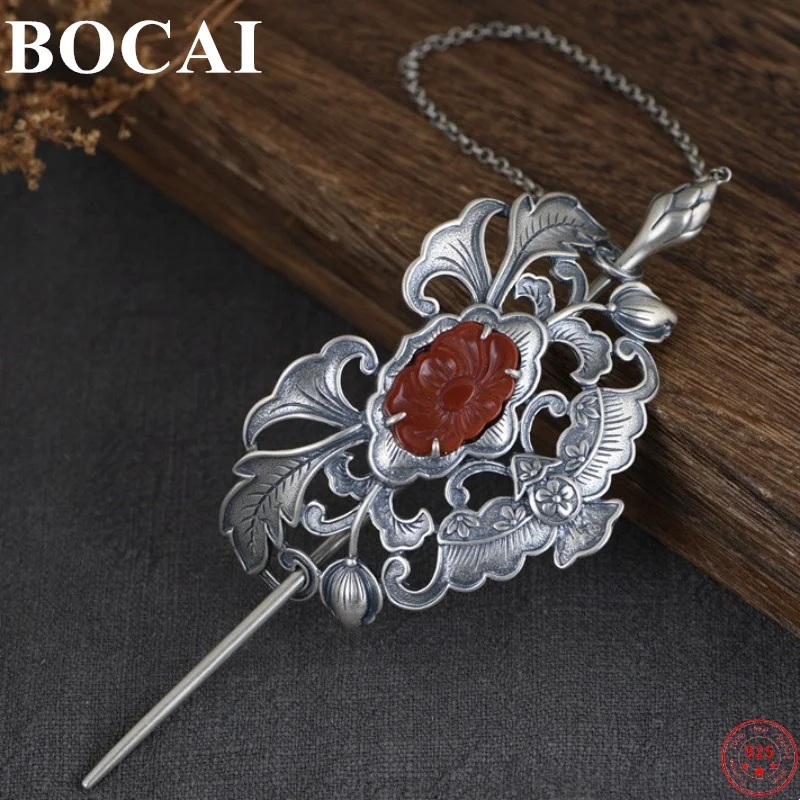 

BOCAI S925 Sterling Silver Hair Accessories South Rutile Hollow Peony Jade Headdress Pure Argentum Hairpin Jewelry for Women