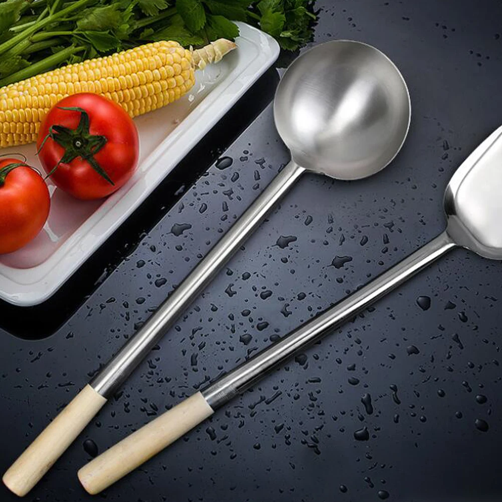 

2pcs Stainless Steel Wooden Handle Spatula Spoon Set Long Handle Kitchen Gadget Soup Spoon Fry Pan Tool Cooking Utensils