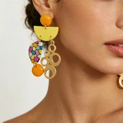 Funky Abstract Geometric Drop Earrings Lightweight Colorful Mosaic Pattern Clay Dangle Artsy Handmade Statement Jewelry for Her