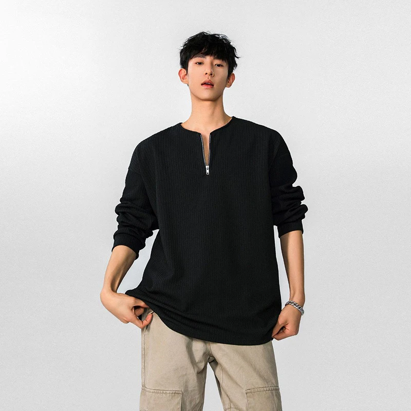 Camiseta Masculina de Manga Longa com Meio Zíper e Textura em Tricô, Coleção Primavera 2026, Estilo Casual Solto Streetwear, Blusão Masculino de Gola 