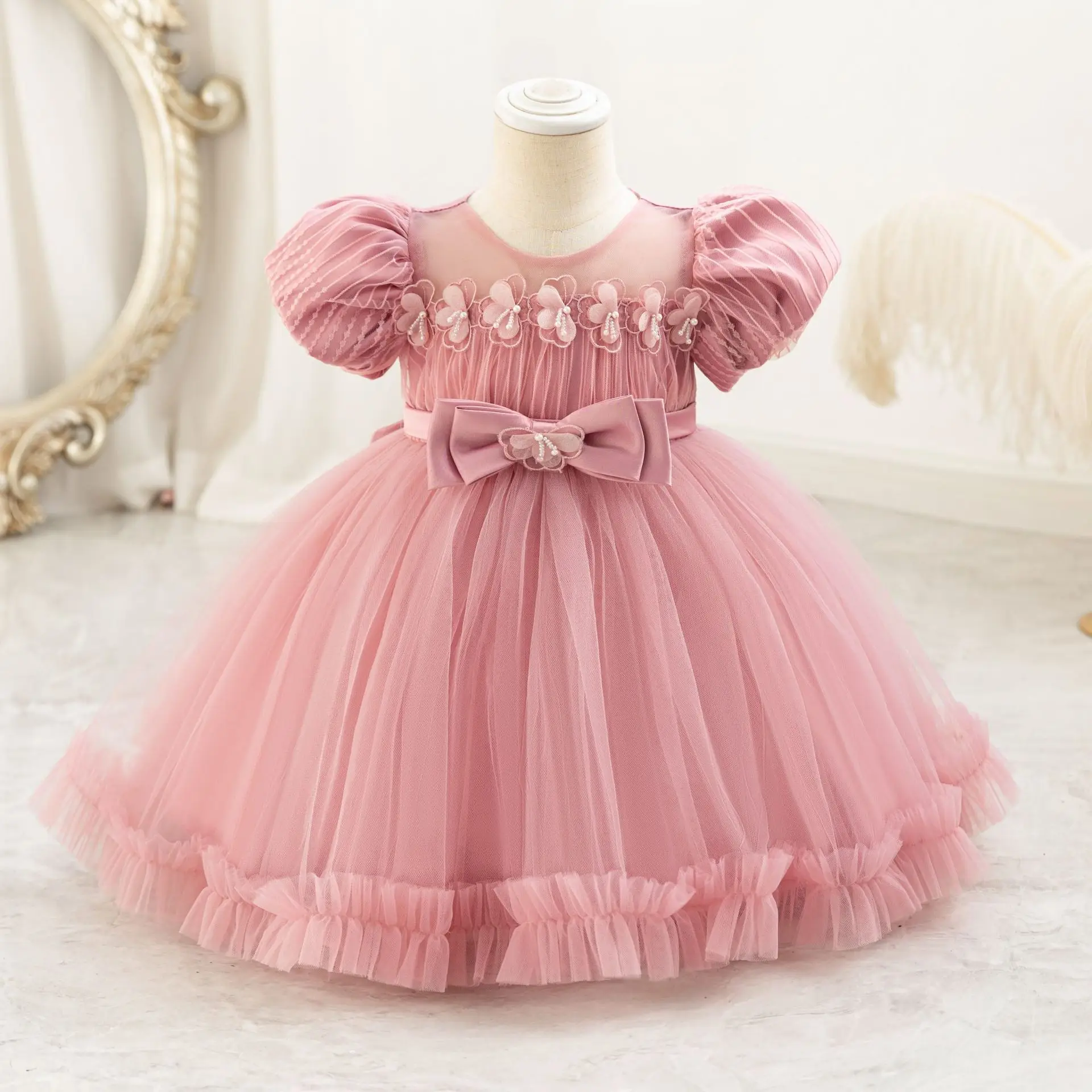 Robe de reconstitution historique à manches bouffantes pour bébés filles, robe de soirée pour tout-petits, fête d'anniversaire, appliques de fleurs, TT103