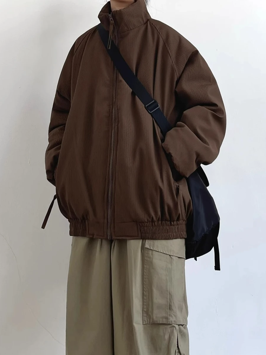 

Retro Japanese Sle Thiened Stand Collar Cotton Jaet ex Winter Simple Loose Bread Sle Neutral Workwear Cotton Coat