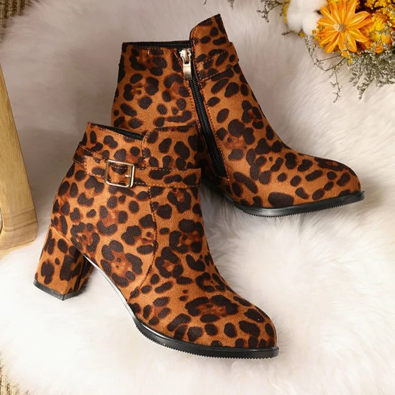 Leopard Suede Women Ankle Boots Mid Heels Chunky Shoes Women's Winter Boots 2025 Trend New Fashion Designer Elegant Female