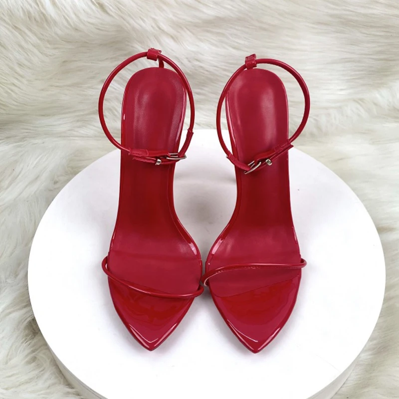 Black red sexy sandals metal buckle straps 12cm super high thin heel pointed open toe white handmade summer lady sandals LX032