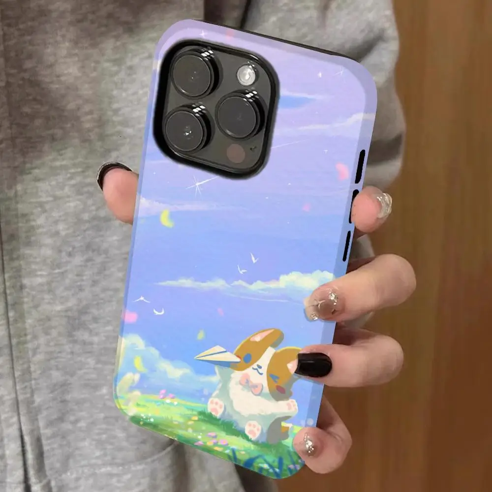 

cartoo corgi wallpaper Phone Case Double-layered 2-in-1 Film Case For IPhone 16 15 Promax 14 13 Pro 12 11 plus Samsung S Covers