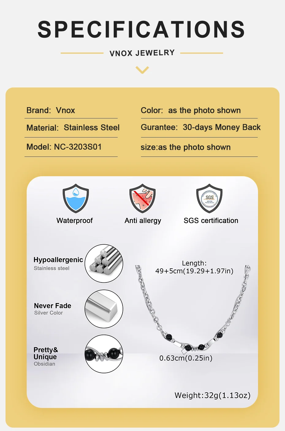 Vnox Figaro Doppelschichtige Kettenhalskette für Männer, Edelstahl Türkis Tigerauge Onyx Perlen Verstellbarer Hip-Hop Schmuck Geschenk – Detail 5