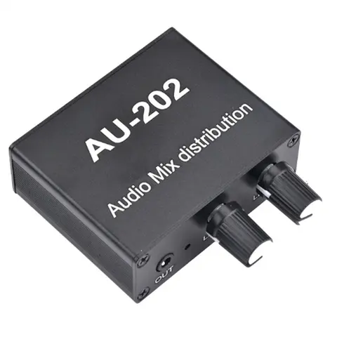 AU-202 2 입력 2 출력 스테레오 믹서 오디오 디스트리뷰터, 헤드폰용 외부 파워 앰프 볼륨 단독 제어