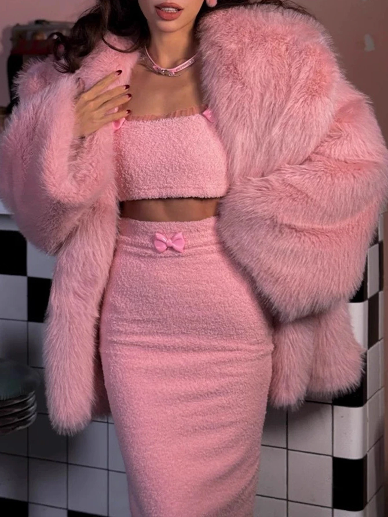 Feminino rosa luxo falso gola de pele de raposa algodão engrossado eco-friendly jaqueta de couro superior vestuário integrado pele outerwear