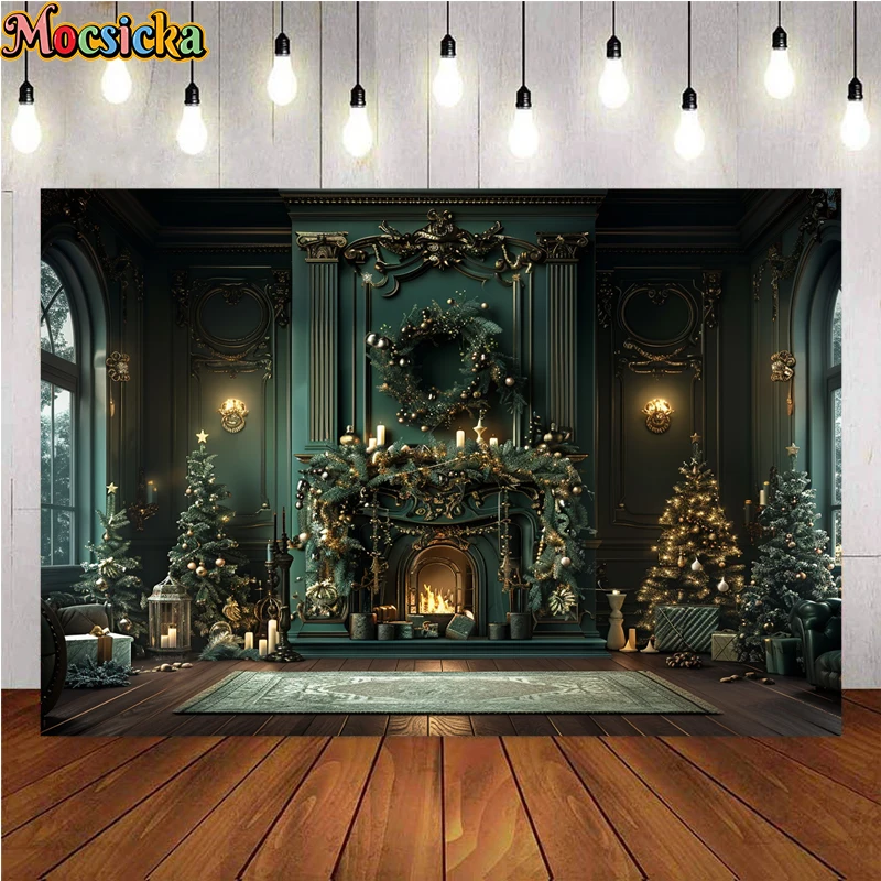 Mocsicka Winter Christmas Photography Background Green Theme Fireplace Holiday Party Family Portrait Photo Backdrops Studio