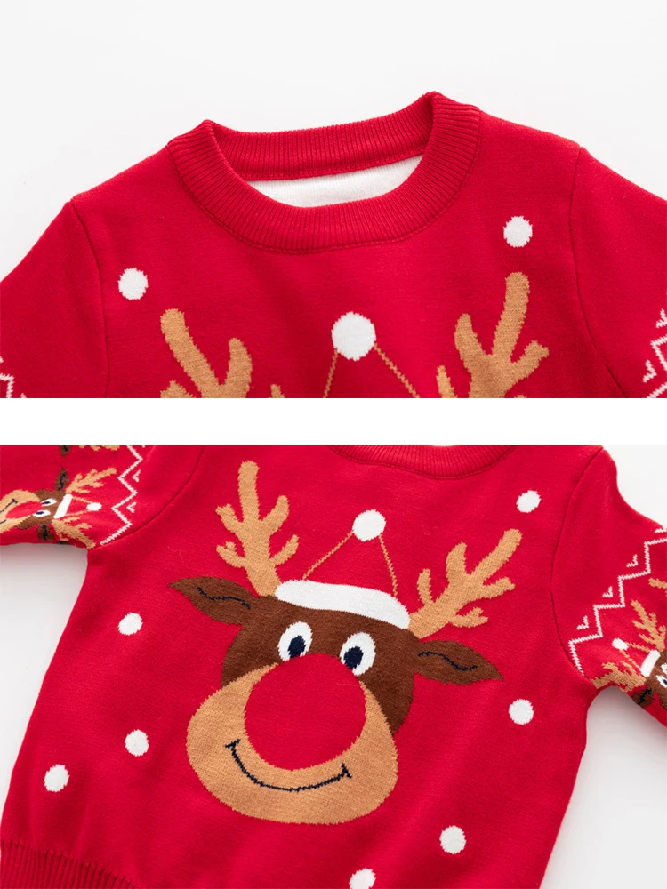 Winter Thickened Children\'s Sweater Boys And Girls Double Deer Jacquard Kid Sweater Knitted Red Christmas Decoration Clothing