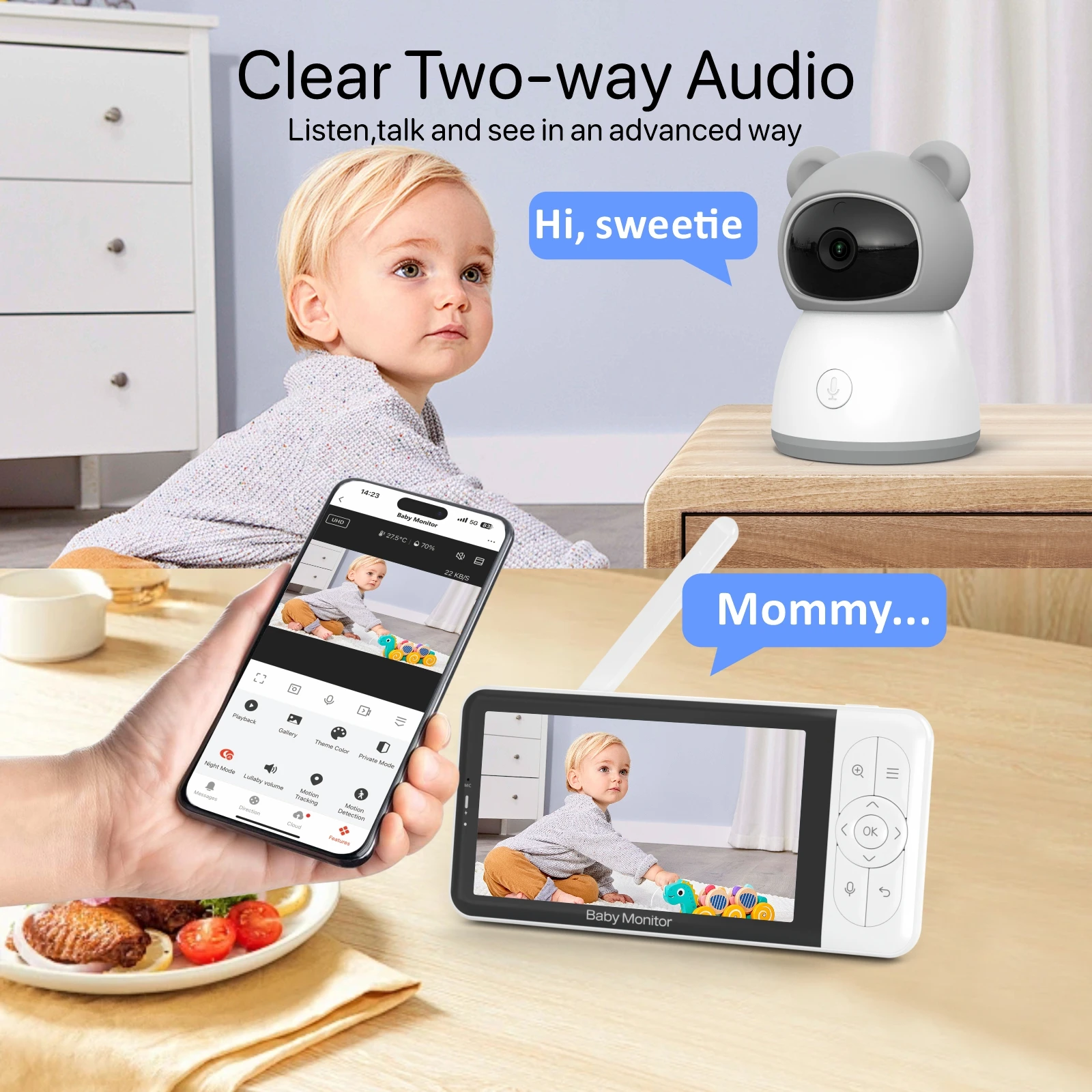 5Inch Screen Tuya APP Wireless WIFI Baby Camera Temperature Humidity Monitoring Nanny Cam Intercom Babysitter