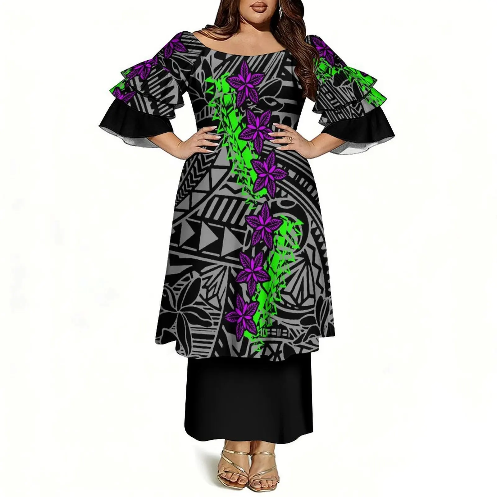 

Элегантный женский костюм-пулетаси с круглым вырезом, приталенной талией, топом с рукавами три четверти и длинной юбкой в полинезийском стиле, с индивидуальным принтом