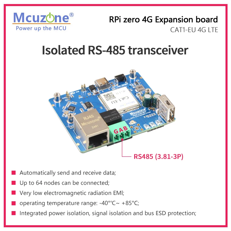 RPi0_RS485CAT1-EU, RS485 IS,CAT1-EU 4G LTE and 100Mbps Ethernet expansion board for Raspberry Pi ZERO, ZERO WH,ZERO2 W