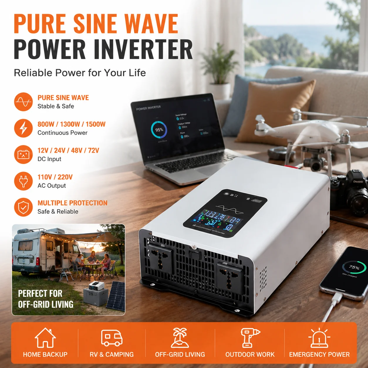 Pure Sine Wave Inverter for RV Caravan Camping 1600W/2600W/3000W 12V/24V to 110V/220V with LCD Display Emergency Power Generator